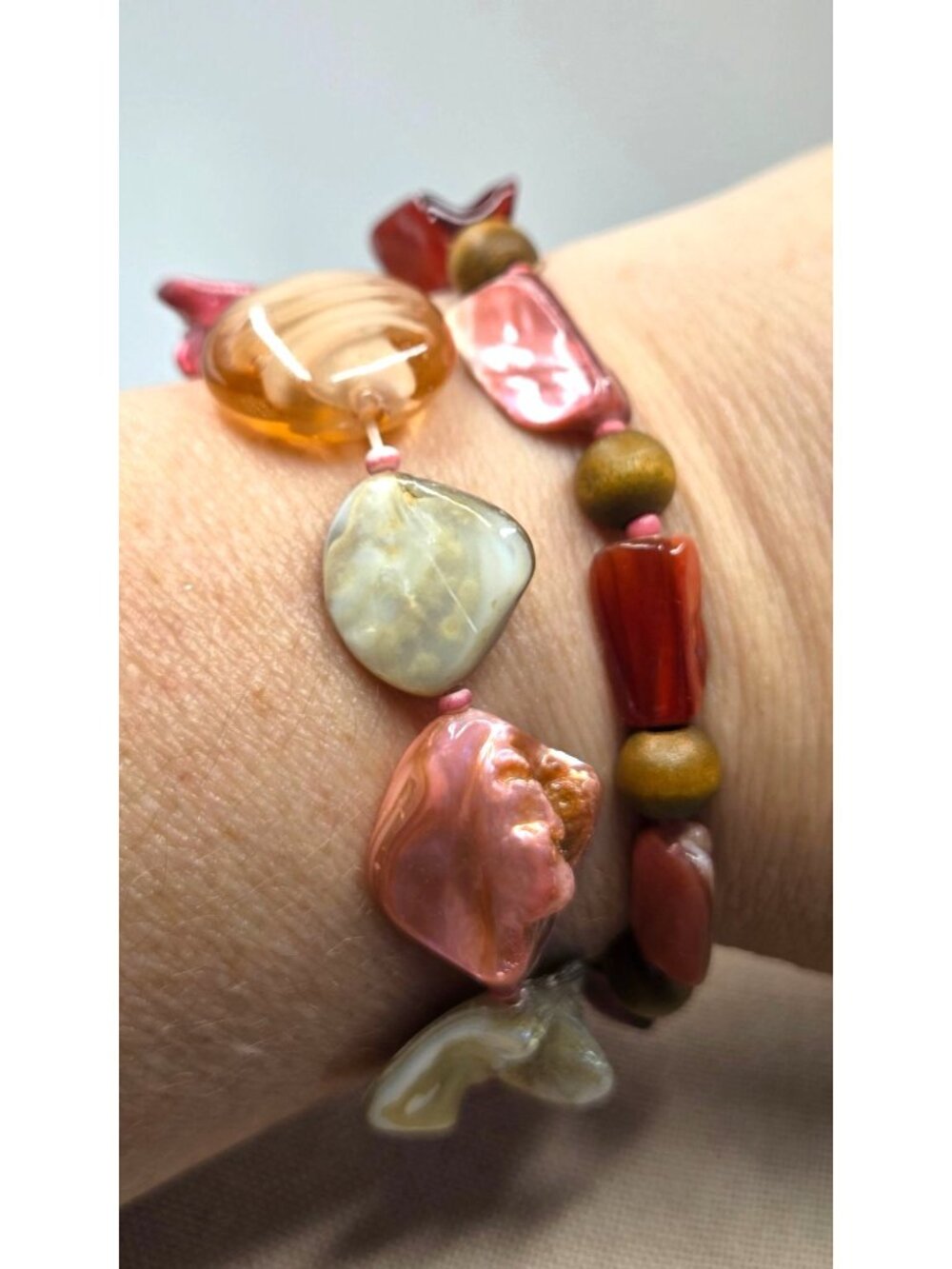 Multicolor Faux Shell & Wood Beaded Stretch Bracelets (2)